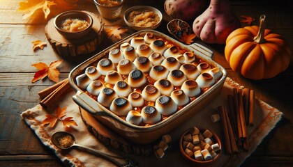 A delicious baked sweet potato casserole topped with marshmallows, surrounded by warm autumn decor and pumpkins, perfect for dinner, Thanksgiving, or a festive seasonal gathering.

