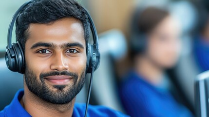 Customer service representative assisting clients in a busy call center during the afternoon shift