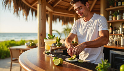 Bartender preparing fresh cocktails at tropical beach bar

