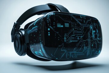 Futuristic VR headset with a sleek design and integrated circuit display showcasing advanced technology.
