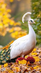 Elegant White Peacock Displaying Feathers Among Autumn Leaves and Flowers