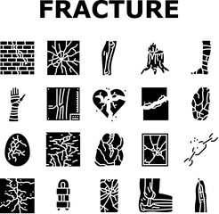 fracture bone break injury icons set vector. healing cast, splint pain, trauma orthopedic ray, diagnosis, treatment, recovery fracture bone break injury glyph pictogram Illustrations