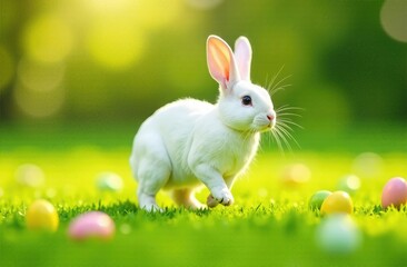Obraz premium A white Easter bunny runs across a green lawn with Easter eggs scattered on it