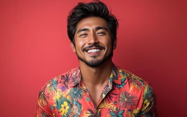 A young man with a smile on his face is wearing a floral shirt
