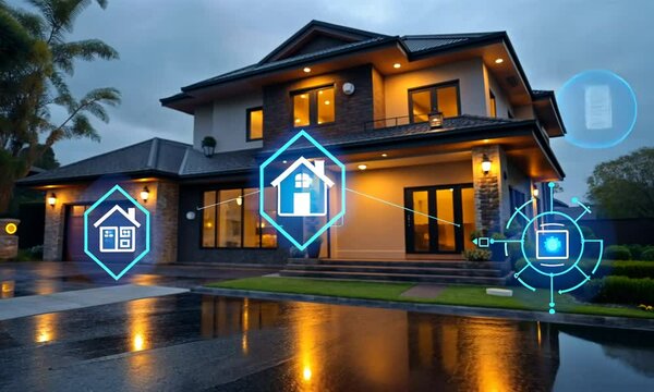 Smart home security system interface overlay on a luxury house at night.