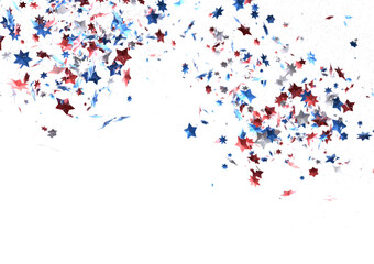 A blue glitter confetti border with red and blue stars on white
