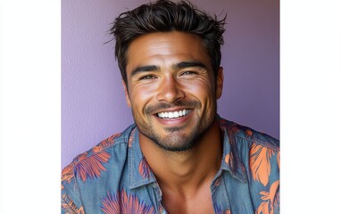 Fototapeta premium A young man with a smile on his face is wearing a floral shirt
