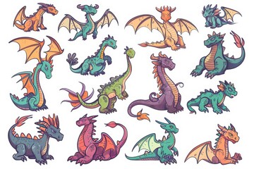 Funny dragons doodle set, cartoon dino, graphic dinosaurs isolated, monster animals