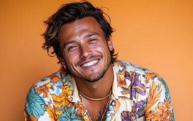 A young man with a smile on his face is wearing a floral shirt