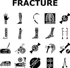 fracture injury bone break icons set vector. trauma healing, cast pain, recovery splint, orthopedic x ray, dislocation fracture injury bone break glyph pictogram Illustrations