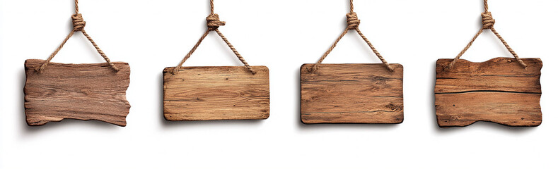 wooden signs hanging on a rope, isolated on a white background