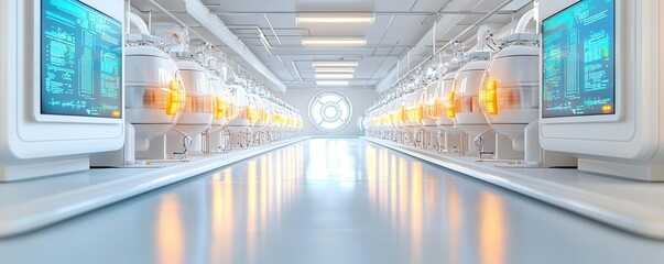 A sterile cleanroom with rows of bioreactors, glowing data screens, life science manufacturing, 3D illustration