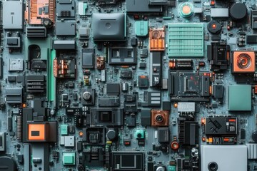 Fototapeta premium A complex circuit board with various electronic components densely packed together, showcasing intricate design.