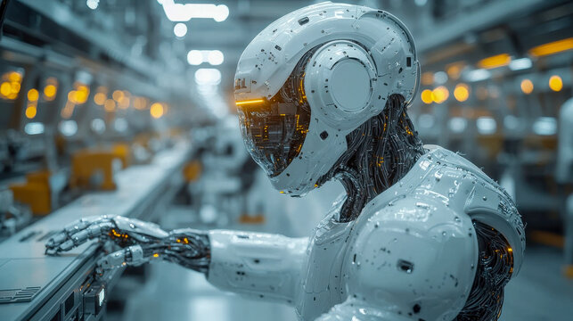 Futuristic humanoid robot with advanced mechanics working on a production line in an industrial setting