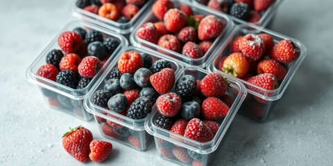 A close-up of fresh, frozen raspberries and blueberries in clear plastic containers, showcasing their vibrant colors and frosty texture