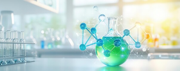 Molecular structures projected in a sterile lab, representing life sciences innovation, 3D illustration