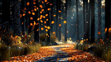 Serene dreamlike autumn path through a glowing forest with golden leaves gently falling to the ground, filling the air with a faint magical hum. A peaceful, enchanting natural landscape.