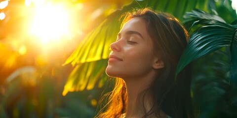 Fototapeta premium A serene woman embracing nature in a lush environment. The sunlight filters through the leaves, creating a warm glow. This photo captures tranquility and beauty. Nature-inspired aesthetic. AI