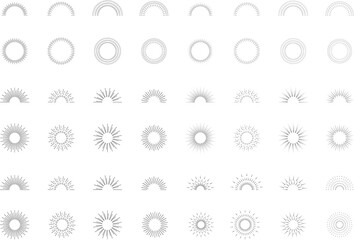 Vintage sunburst set. Bursting rays sunrise firework starburst blast, Radiant Spark. Rays. Geometric Design Elements. Retro radiant sunburst, starburst hand drawn label, sun rays