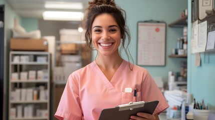 Nurse in pink scrubs with clipboard, horizontal, perfect for healthcare recruitment, medical services, nursing education and wellness programs