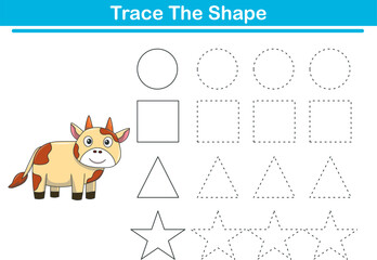 Tracing lines of different shape for kids with cute cow. Vector Illustration
