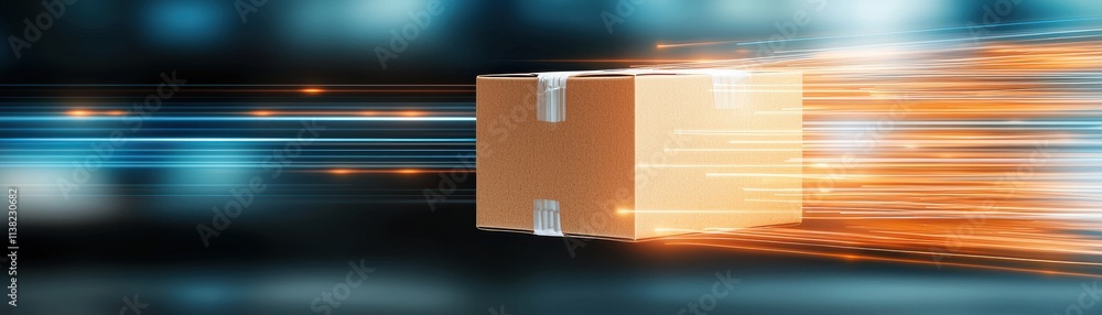 Poster a dynamic image of a package in motion, symbolizing speed and efficiency in delivery and logistics.