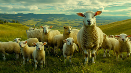 Fototapeta premium Sheep and Lambs Grazing in a Meadow