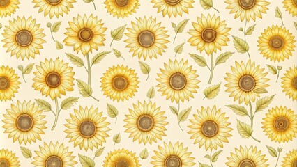 Elegant Sunflower Floral Pattern Design Featuring Yellow Blooms and Green Leaves on a Light Beige Background
