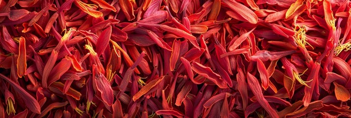 Fototapeta premium Saffron texture background, crocus sativus flowers pattern, dry herbal petals banner, aromatic herbs