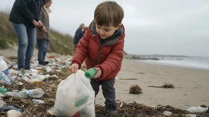 Child collecting beach waste in red jacket, horizontal, perfect for environmental education, community cleanup initiatives and ecological awareness campaigns