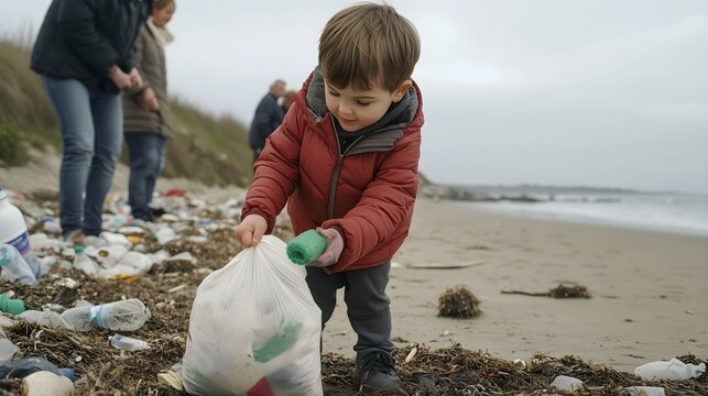 Child collecting beach waste in red jacket, horizontal, perfect for environmental education, community cleanup initiatives and ecological awareness campaigns - Powered by Adobe