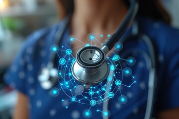 Doctors using stethoscope with digital medical interface icons, Technology healthcare And Medicine concept