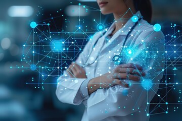 Double exposure of healthcare And Medicine concept Doctor and modern virtual screen interface, blurred background