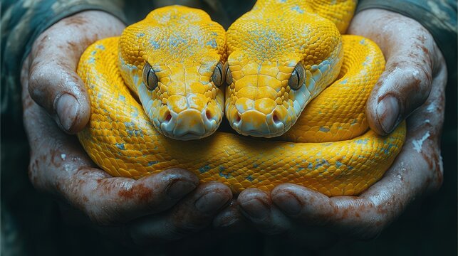 Two yellow snakes curled together in human hands.