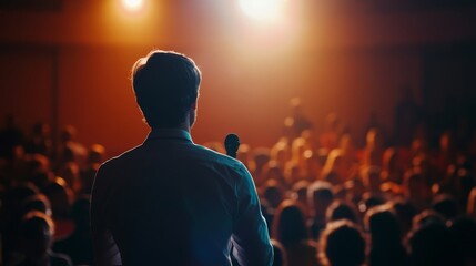 A close up motivational speaker inspiring a large audience at a professional conference