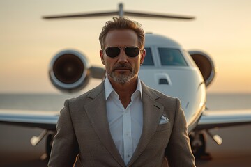 Elegant Arrival Rich Businessperson on Airport Runway with Jet