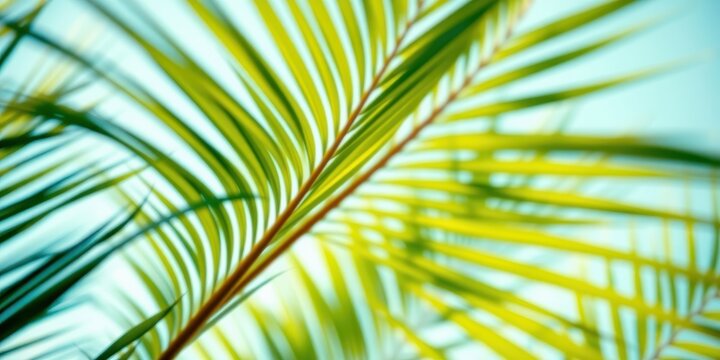 A close-up view of vibrant green palm leaves with a soft focus, showcasing the intricate patterns and textures of nature
