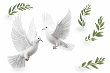 Obraz premium Peace dove icon, pigeons, twigs 3d realistic collection. Flying birds silhouettes on white