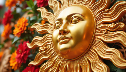Golden sun and vivid floral decorations on Brazilian Carnival float