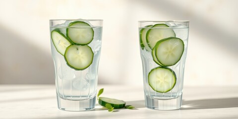 Refreshing Cucumber Water with Ice in Tall Glasses on a White Background