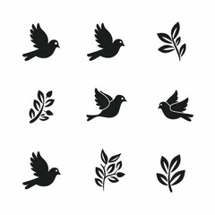 Obraz premium Peace dove graffiti, pigeons, twigs ink illustration. Flying birds silhouettes monochrome flat icons
