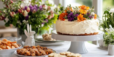 A beautifully decorated cake sits on a white stand surrounded by a variety of delicious desserts. Colorful flowers add charm and warmth to the setting. Perfect for celebrations. AI