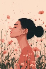 Illustration of a serene woman surrounded by blooming red poppies, soft botanical background, peaceful floral artwork with natural beauty and elegance