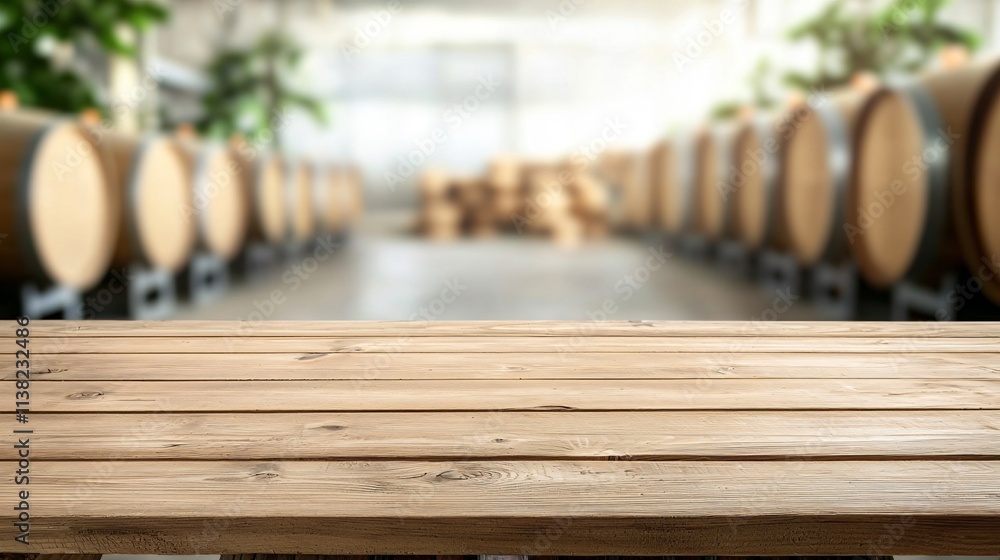 Poster wooden table in a rustic setting with wine barrels and greenery in the background.