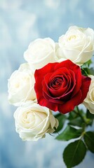 Obraz premium Elegant Bouquet of Red and White Roses on a Soft Blue Background