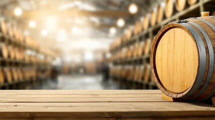 Wooden barrel on a table in a rustic storage area with a blurred background of stacked barrels.
