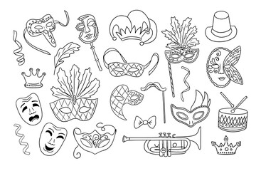 Collection of festive Mardi Gras and Venice carnival doodle drawings with masks, crowns, musical instruments, feathers, and decorative elements in line art style