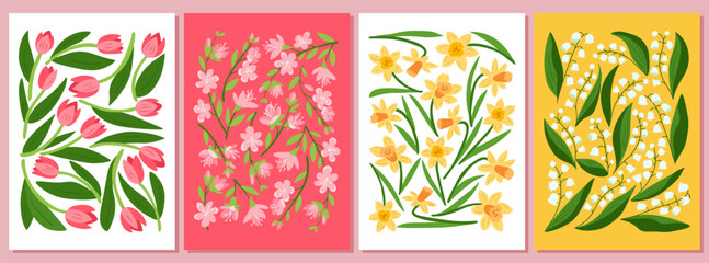 Collection of vibrant spring floral illustrations with tulips, cherry blossoms, daffodils, and lilies of the valley in retro 60s poster style. Vintage vector interior poster with season flowers