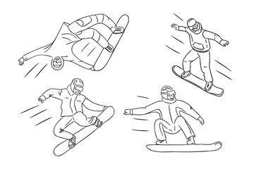 Dynamic black and white line art illustration set with snowboarder in action, showcasing jumps, trick, and motion in minimalist style. Vector hand drawn drawing isolated on white background