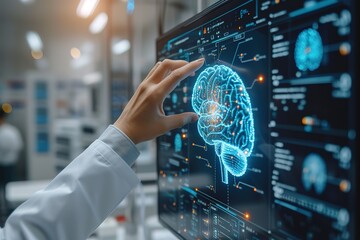Hand of a doctor touching an image of the brain symbol on a virtual screen while sitting in the hospital Concept of AI Technology Business analysis, innovation, technology in science and medicine